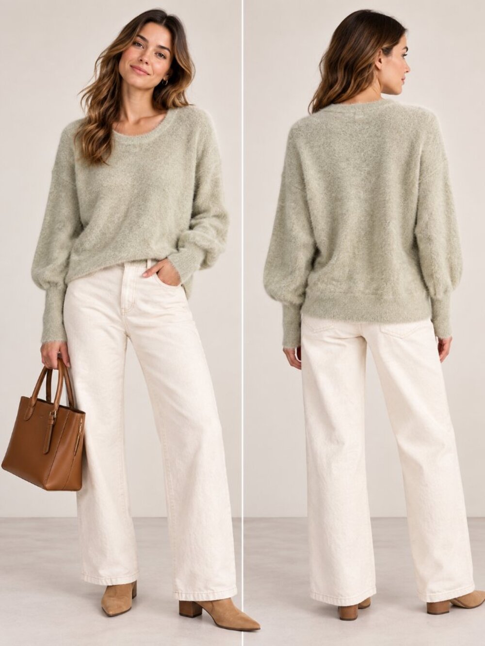 Callahan Knitwear Ivory Fuzzy Balloon Sleeve Pullover Sweater XL Style # 8206